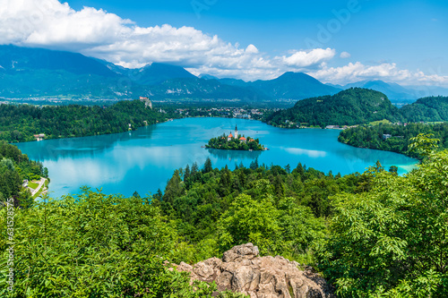 A view from the Ojstrica viewpoint over Lake Bled and the village of Bled, Slovenia in summertime