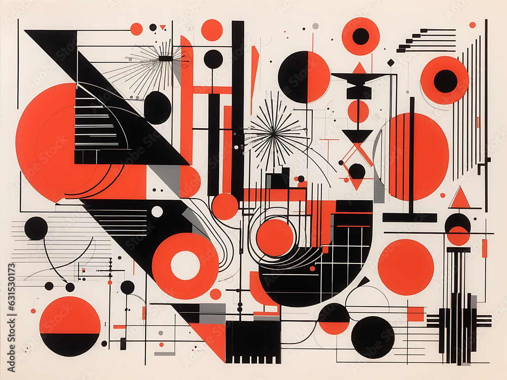 Swiss design aesthetic. Bauhaus Memphis design. Brutalist abstract geometric shapes and grids. Brutal contemporary figure star oval spiral flower and other primitive elements. Generate AI