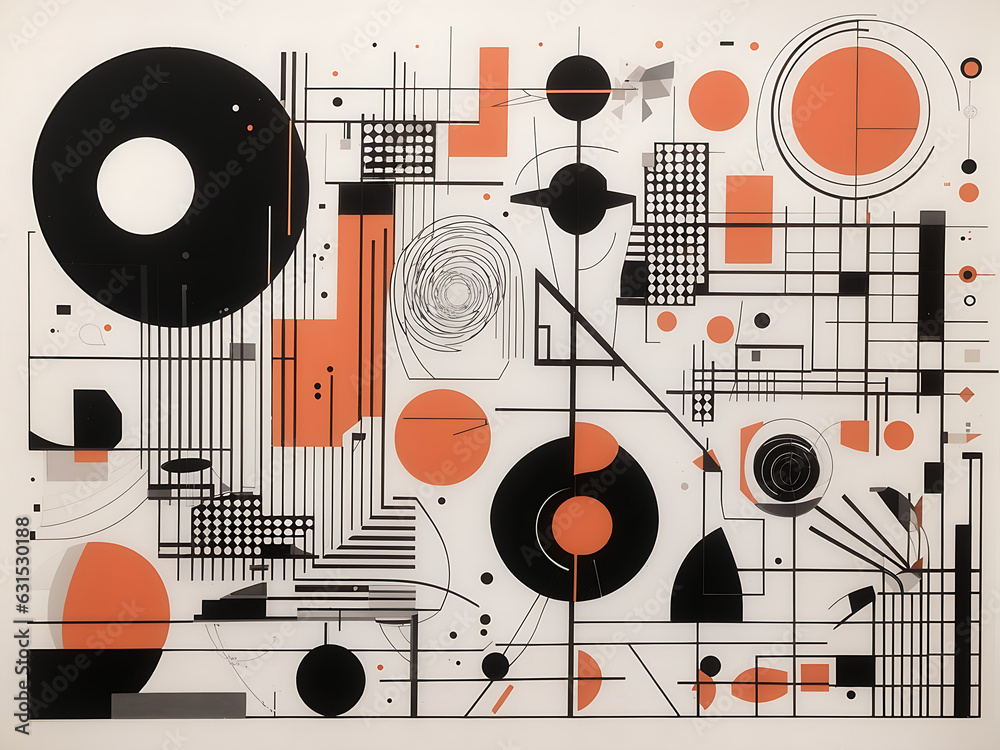 Obraz premium Swiss design aesthetic. Bauhaus Memphis design. Brutalist abstract geometric shapes and grids. Brutal contemporary figure star oval spiral flower and other primitive elements. Generate AI