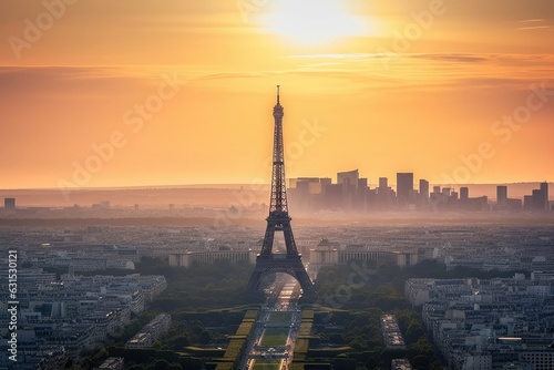 Paris Skyline mit Eiffelturm und La Defense bei Sonnenuntergang, Generative AI © Digi ART