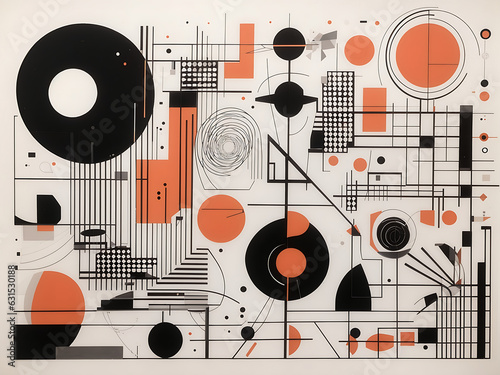Swiss design aesthetic. Bauhaus Memphis design. Brutalist abstract geometric shapes and grids. Brutal contemporary figure star oval spiral flower and other primitive elements. Generate AI