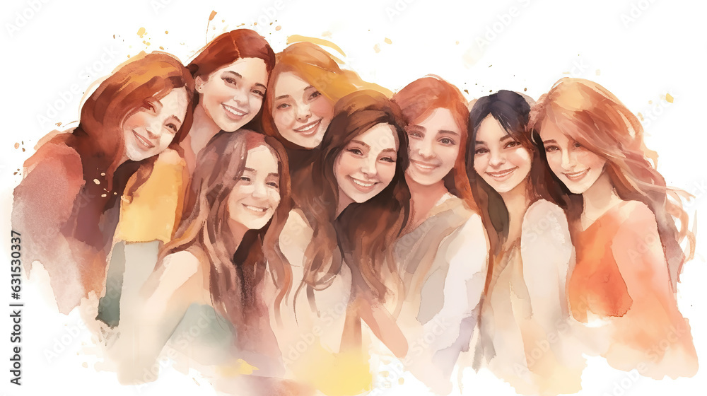 Watercolor portrait of a group of happy young women, ai generated