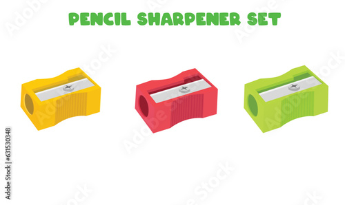 Pencil sharpener vector set. Object with a blade inside to make a pencil sharp. Pencil shavings. Pencil waste. Back to school concept. School supplies vector. Flat and 3D vector in cartoon style.