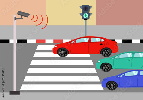Traffic cctv camera capture red car with not stop on crosswalk when have green sigh.