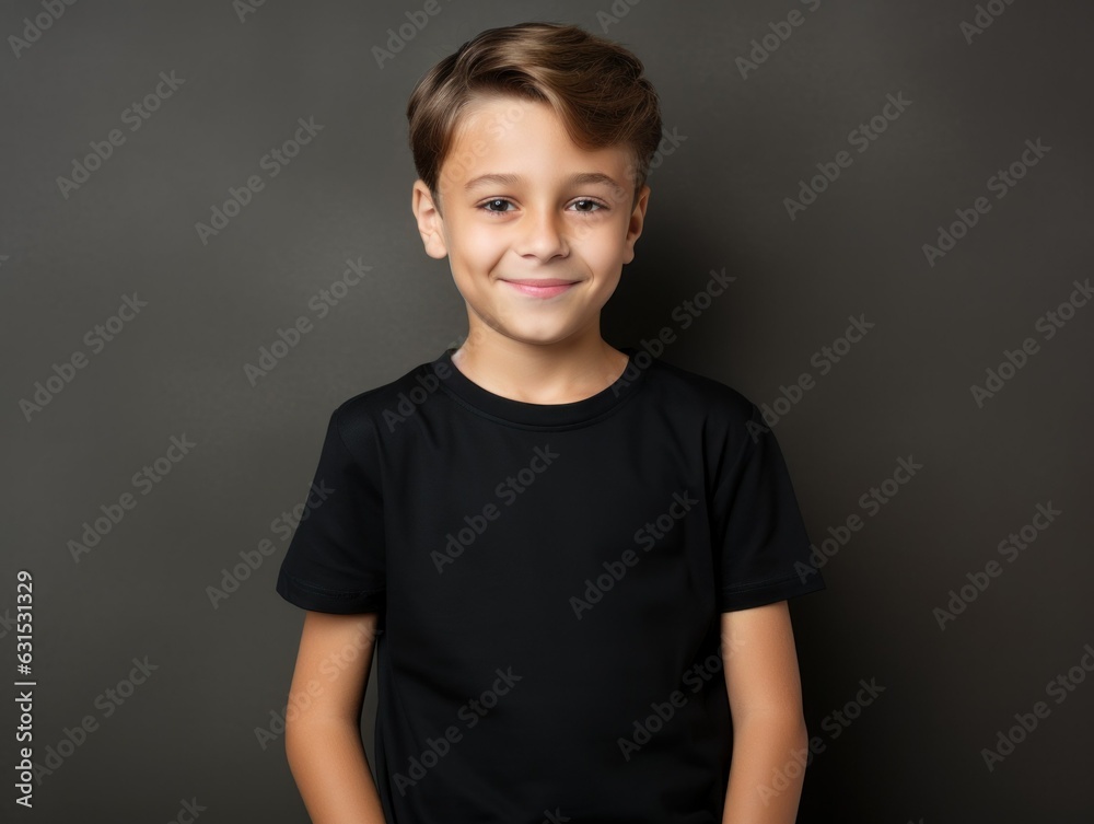 Portrait of a fictional young little boy wearing a plain black t-shirt. Isolated on a plain neutral background. Generative AI.