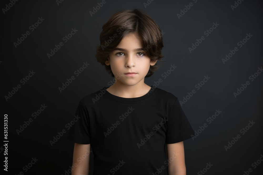 Portrait of a fictional young little boy wearing a plain black t-shirt. Isolated on a plain neutral background. Generative AI. Portrait of a fictional young little boy wearing a plain black t-shirt. Isolated on a plain neutral background. Generative AI.