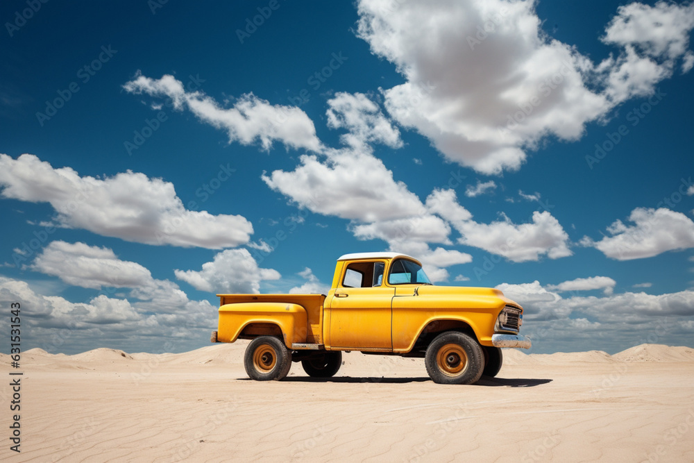 Yellow truck riding on the sandy ground under the cloudy blue sky, aesthetic look