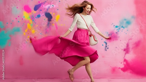 Enchanting Flair of Pink: Dance, Smile, and Elegance Unleashed by a Stunning Blonde Model, generative AI