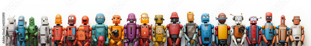 A row of funny Robots, lined up, cartoon, fantasy, fun, happy, friendly