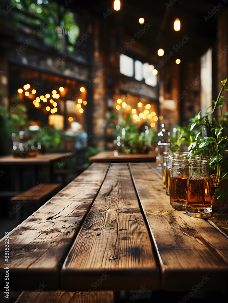 wooden table and drinking glass with blurry cafe and bar background wooden table and drinking glass with blurry cafe and bar background