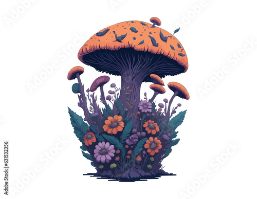 Vector Celestial Mystical boho mushrooms, magic mushroom. Fly agaric fabulous with flowers for printing on T-shirts.