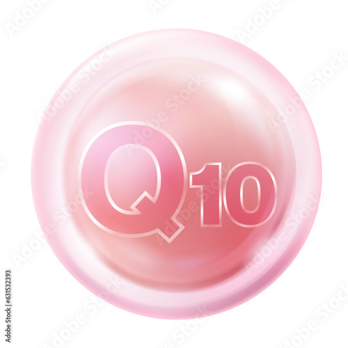 Vitamin Q10 soft pink round transparent capsule. Vitamin complex with coenzyme health medicine beauty advertisement.