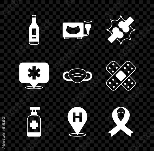 Set Digital thermometer, Ultrasound, Joint pain, knee pain, Antibacterial soap, Location hospital, Awareness ribbon, and Medical protective mask icon. Vector