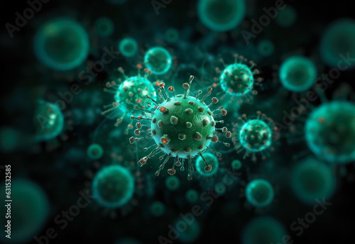 Stylized illustration of green viruses on a black background. Generative AI © Denniro