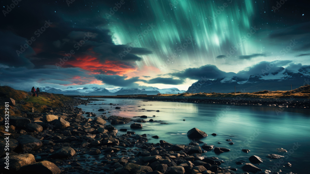 A landscape shot with northern lights at night in the sky, Iceland on the ground and a photographer taking pictures in the distance generative ai