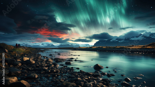 A landscape shot with northern lights at night in the sky, Iceland on the ground and a photographer taking pictures in the distance generative ai