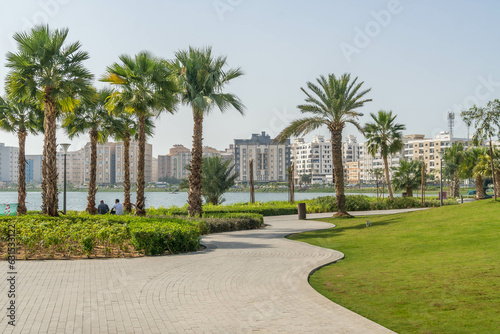The palms near the lake promenade at Jeddah, Saudi Arabia, on the hot summer day.