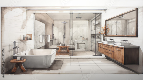 Architectural bathroom sketch, interior project concept art