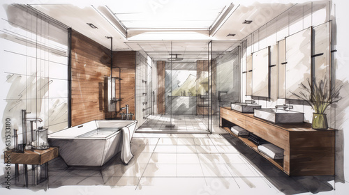 Architectural bathroom sketch, interior project concept art