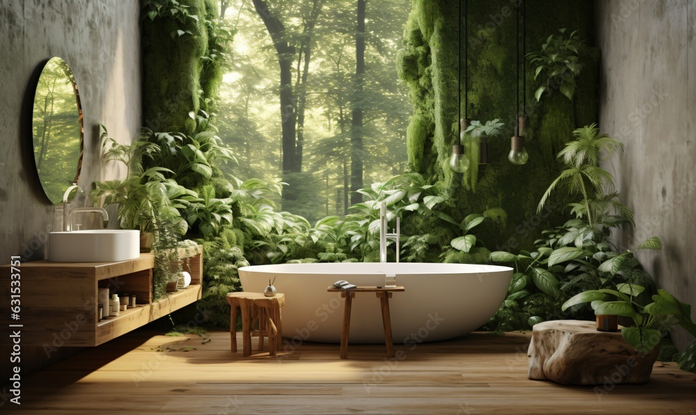 modern comfortable bathroom interior with a tub decorated with green plants and walls, fictional interior created with generative ai