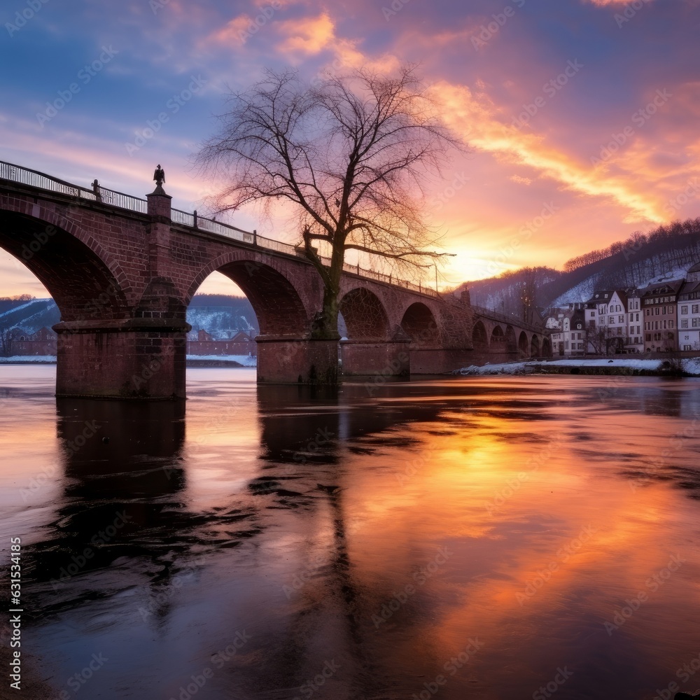 Sunset at the Old Bridge in winter, Heidelberg, Germany, Generative AI