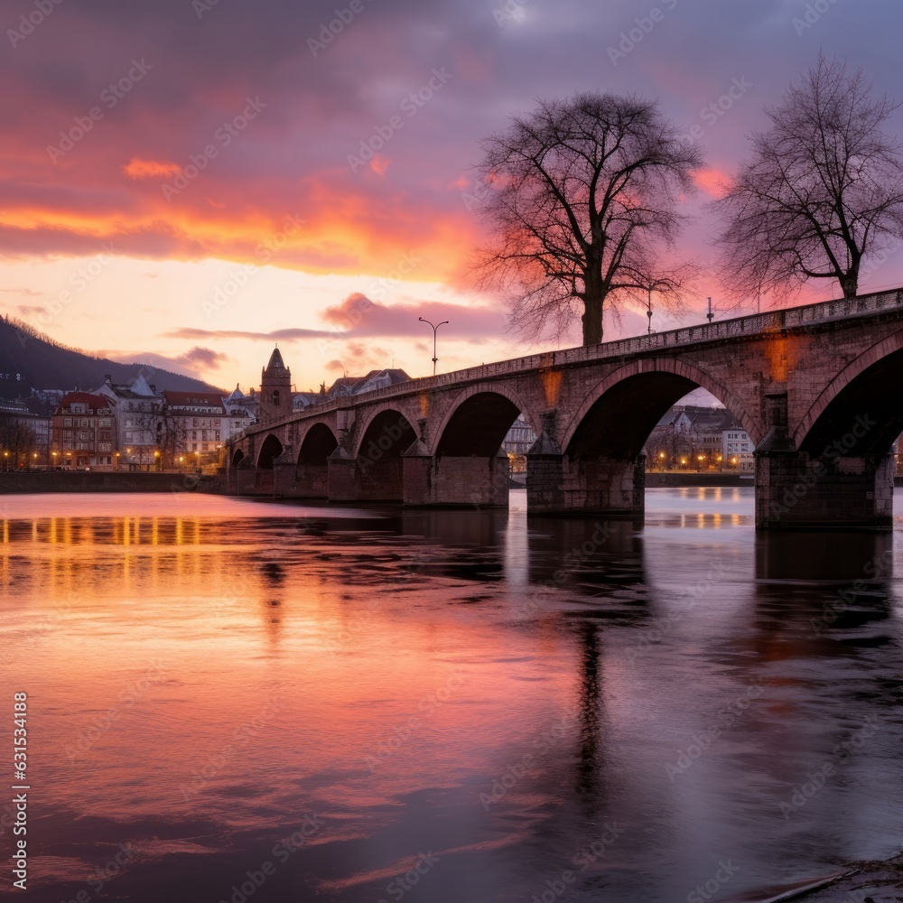 Sunset at the Old Bridge in winter, Heidelberg, Germany, Generative AI