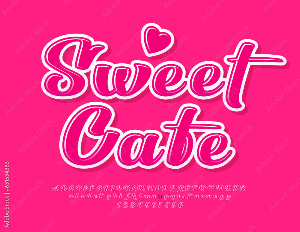 Vector beautiful logo Sweet Cafe. Glossy Pink Font. Candy Alphabet Letters and Numbers set
