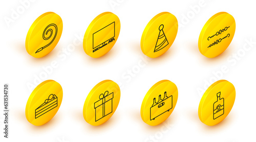 Set line Whiskey bottle, Bottles of wine in a wooden box, Gift, Cake, Grilled shish kebab, Party hat, Video game console and Birthday party horn icon. Vector