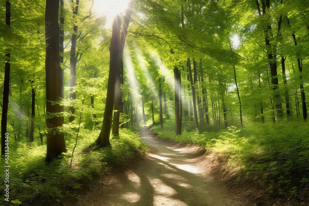 Fototapeta premium Grüner Wald im Sommer mit Sonnenstrahlen, Generative AI