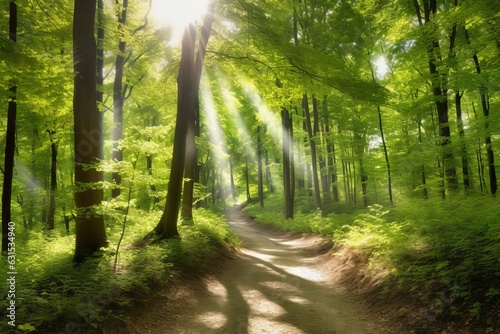 Grüner Wald im Sommer mit Sonnenstrahlen, Generative AI