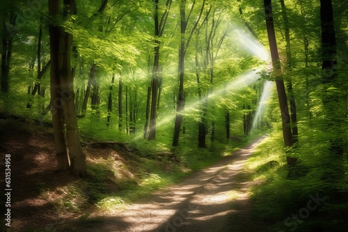 Gr  ner Wald im Sommer mit Sonnenstrahlen  Generative AI