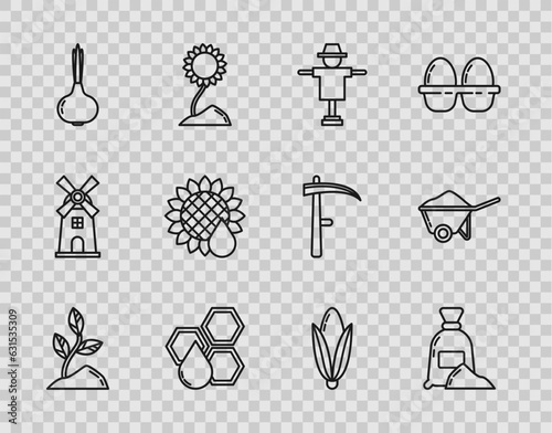 Set line Sprout, Bag of flour, Scarecrow, Honeycomb, Onion, Sunflower, Corn and Wheelbarrow with dirt icon. Vector