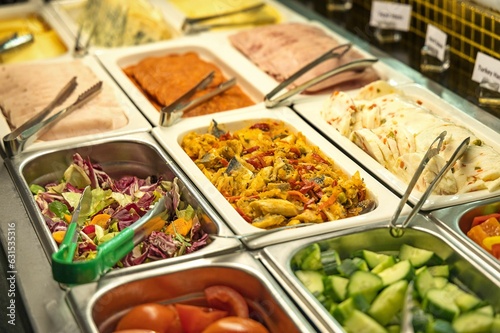 Fototapeta Naklejka Na Ścianę i Meble -  Array of freshly-prepared food displayed on a countertop in a restaurant setting