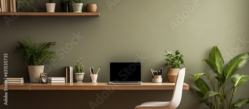 A simple home office decorated with plants provides a high-angle background, with copy space