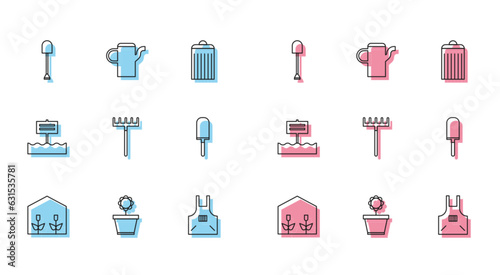 Set line Home greenhouse and plants, Flower in pot, Shovel, Kitchen apron, Garden rake, trowel spade or shovel, Blank wooden sign board and Watering can icon. Vector