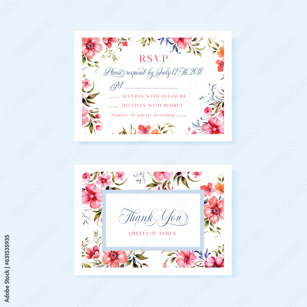 Wedding rsvp and thank you floral cards, design with vintage watercolor flowers.