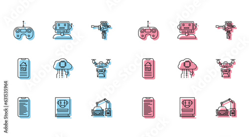 Set line Computer api interface, User manual, Remote control, Industrial machine robotic robot arm hand, Internet of things, Drone delivery concept, Smart home and Robot icon. Vector
