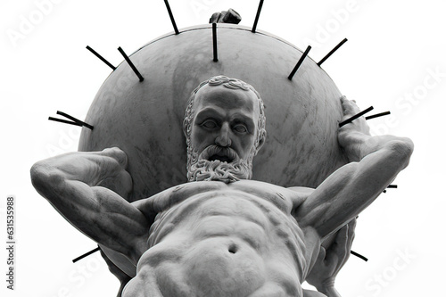 Upwards view of an old stone statue of a strong greek style man adonis helding a heavy ball sphere with spikes photo