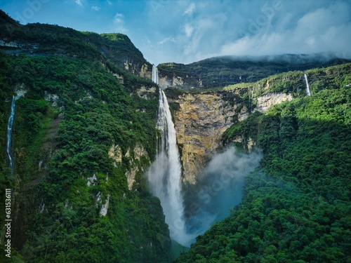 Gocta Falls waterfall in Peru aerial drone view photo