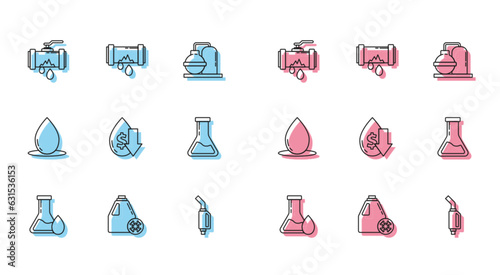 Set line Oil petrol test tube, Antifreeze canister, Broken metal pipe with leaking water, Gasoline pump nozzle, Drop crude oil price, Test and flask, drop and icon. Vector