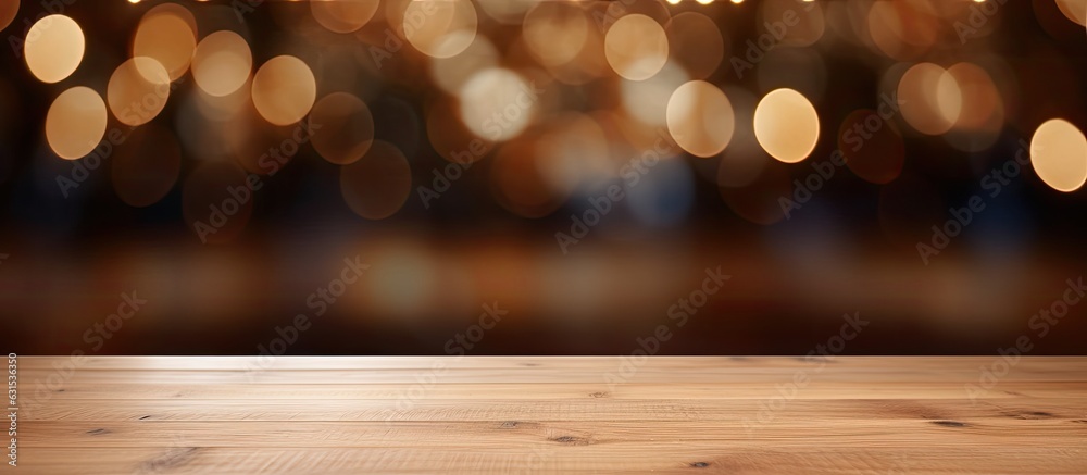 An empty wooden table is placed in front of a blurred abstract background. This wood table top