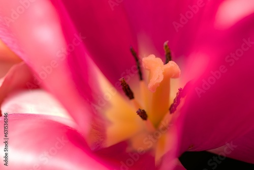 close-up of a deep purple tulip blossom with stamen and pistils