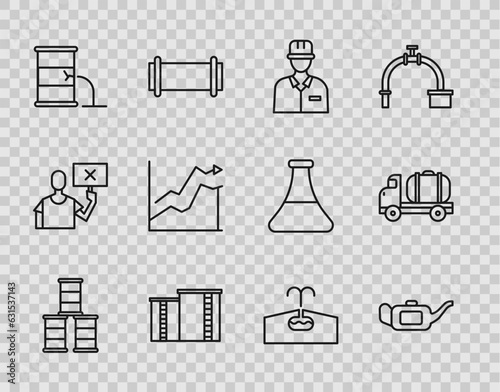 Set line Barrel oil, Canister for motor, Oilman, industrial factory building, leak, price increase, Oilfield and Tanker truck icon. Vector