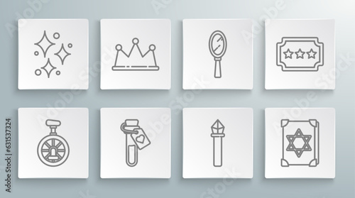 Set line Unicycle or one wheel bicycle, Crown, Bottle with love potion, Magic staff, Ancient magic book, hand mirror, Ticket and Sparkle stars magical glitter icon. Vector