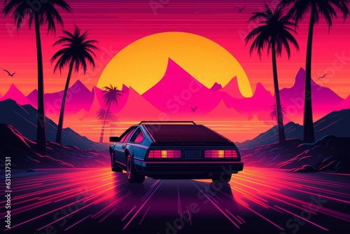 80s style illustration with car driving into sunset. Generative AI