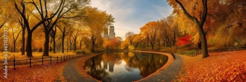 Autumn panorama in Central Park, New York City, USA, Generative AI