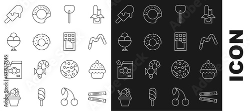 Set line Sugar stick packets, Cupcake, Jelly worms candy, Lollipop, Donut, Ice cream in bowl, and Chocolate bar icon. Vector