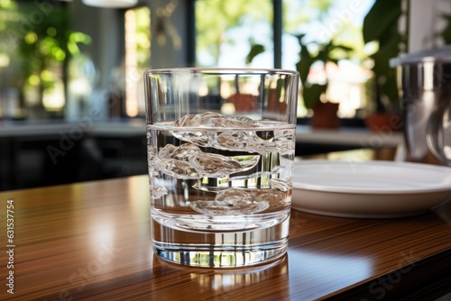 A glass of water served on table.