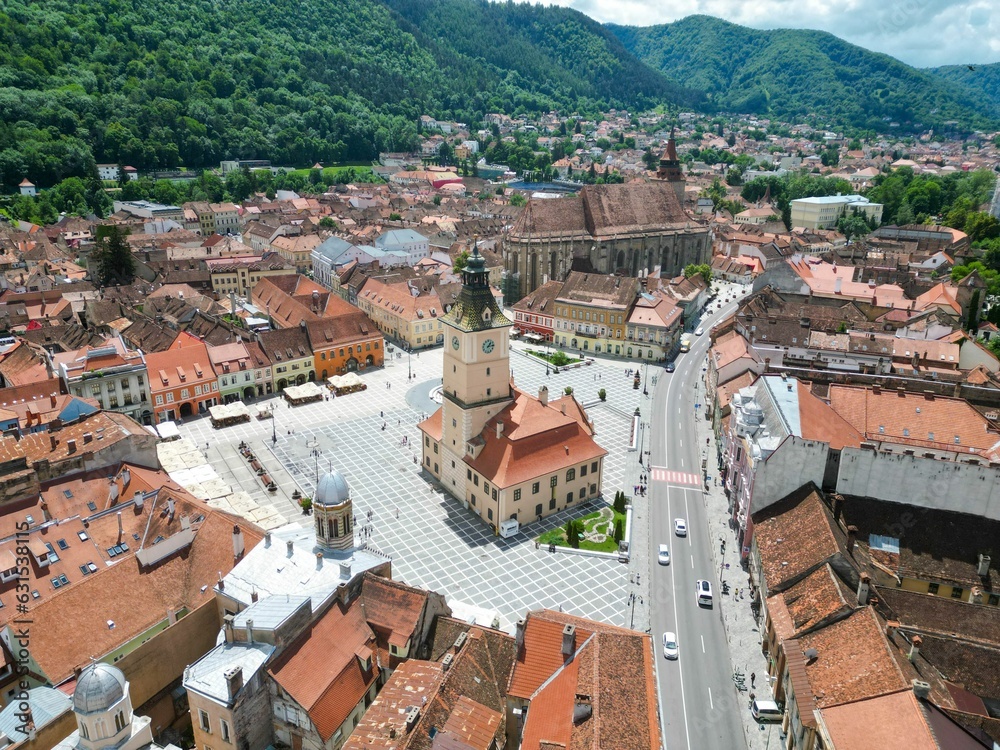 Aerial view of Piata Sfatului in the city of Brasov, Romania, from a drone perspective