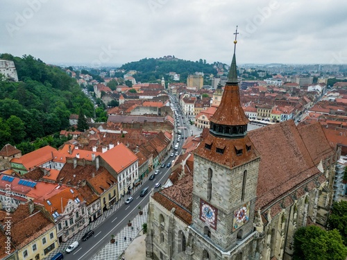 Aerial view of a vibrant downtown district in Brasov, Romania